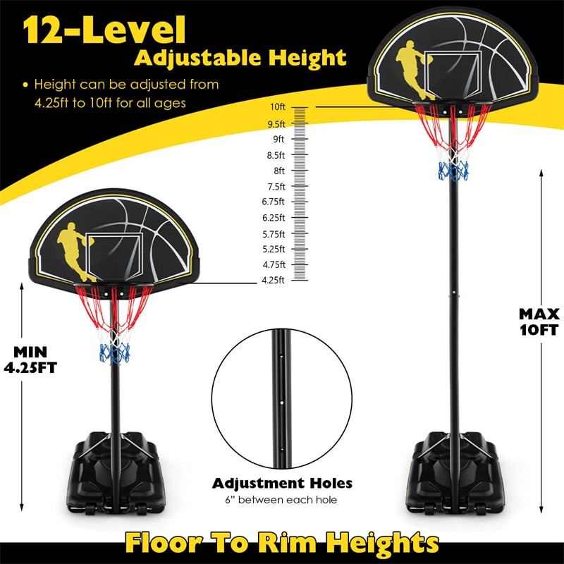 Portable Basketball Hoop 4.25-10FT Height Adjustable with 44" Shatterproof Backboard & Fillable Base, Indoor Outdoor Basketball Goal for Kids, Adults
