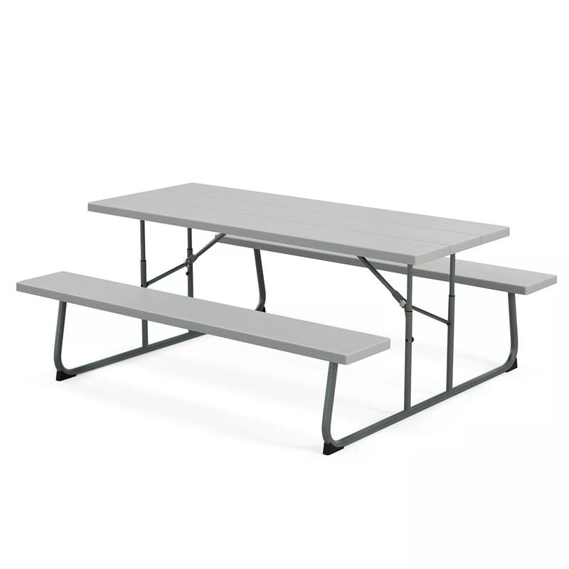 8-Person 6FT Folding Picnic Table & Bench Set, Heavy Duty All-Weather HDPE Outdoor Dining Table with Umbrella Hole & 2 Built-in Benches