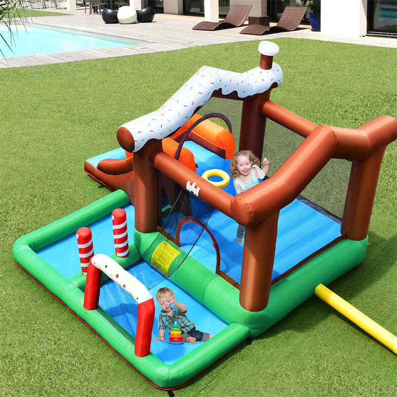 Inflatable Water Slide Kids Giant Bouncy Castle Water Park with Long Slide, Jumping & Play Areas, 480W Air Blower for Outdoor Indoor Fun