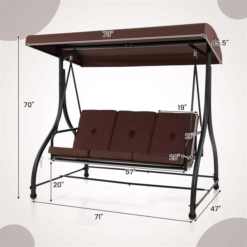 2-in-1 Convertible Patio Swing with Adjustable Canopy & Removable Cushions, Steel Frame 3-Person Outdoor Swing Bed for Deck/Backyard/Garden