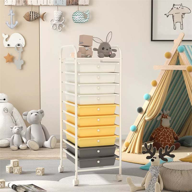 10-Drawer Rolling Storage Cart, Utility Cart with Drawers & Lockable Wheels, Mobile Art Craft Drawer Cart for Home Office, School