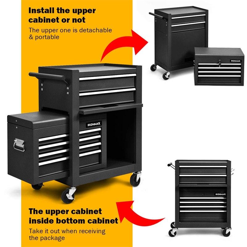 6-Drawer Rolling Tool Chest, 3-in-1 Tool Storage Cabinet with Auto-Lock System, Lockable Wheels & Detachable Top Box for Garage/Workshop