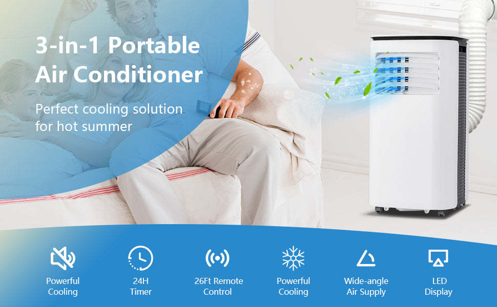 9000 BTU 3-in-1 Portable Air Conditioner with Dehumidifier and Fan