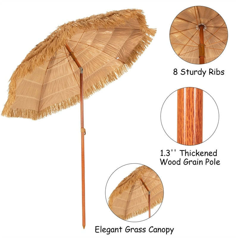 6.5 FT Portable Thatched Tiki Beach Umbrella with Tilt Mechanism