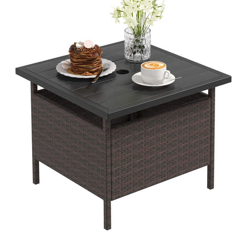 22" Wicker Outdoor Table Patio Rattan Square Side Table with HDPE Tabletop & Umbrella Hole