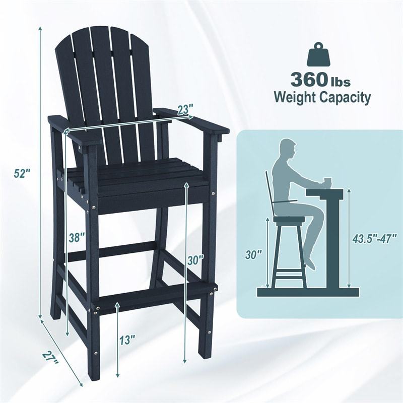 Outdoor HDPE Adirondack Bar Stools Set of 2, 30" Tall Adirondack Chairs with High Backrest & Footrest, 360LBS Capacity for Poolside, Patio