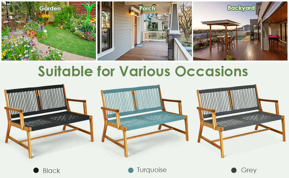 2-Person Acacia Wood Patio Bench Loveseat Chair for Balcony Porch