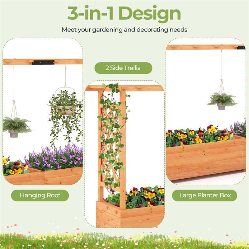 Raised Garden Bed with 2-Sided Trellis, Hanging Roof, Drainage Holes, Standing Fir Wood Planter Box for Flowers, Herbs, Climbing Vines, Garden Patio