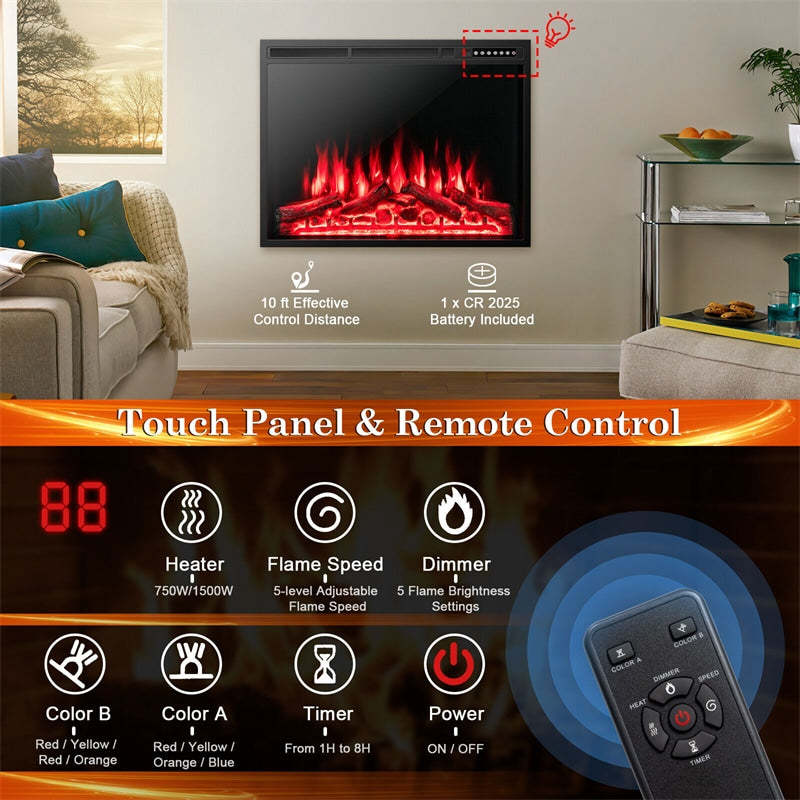 34" Electric Fireplace Insert Recessed Freestanding Fireplace Heater with Touch Panel, Remote Control & 4 Log Flame Effects