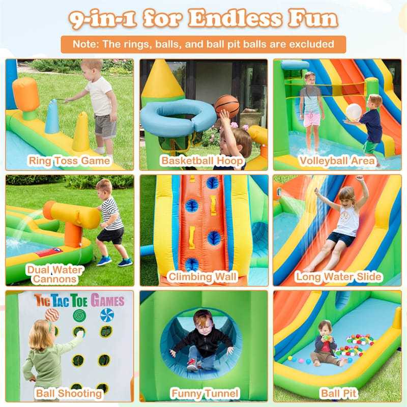 Inflatable Water Slide Elephant Theme 9 in 1 Mega Kids Blow Up Waterslide Park with Splash Pool, Tic Tac Toe, Climbing Wall for Backyard Family Fun
