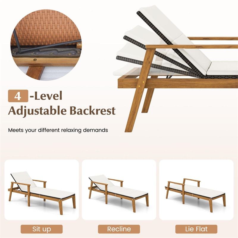 3PCS Outdoor Chaise Lounge Set with Rattan Folding Table, Acacia Wood Frame Patio Lounge Chairs w/ Adjustable Backrests, Armrests, Cushions