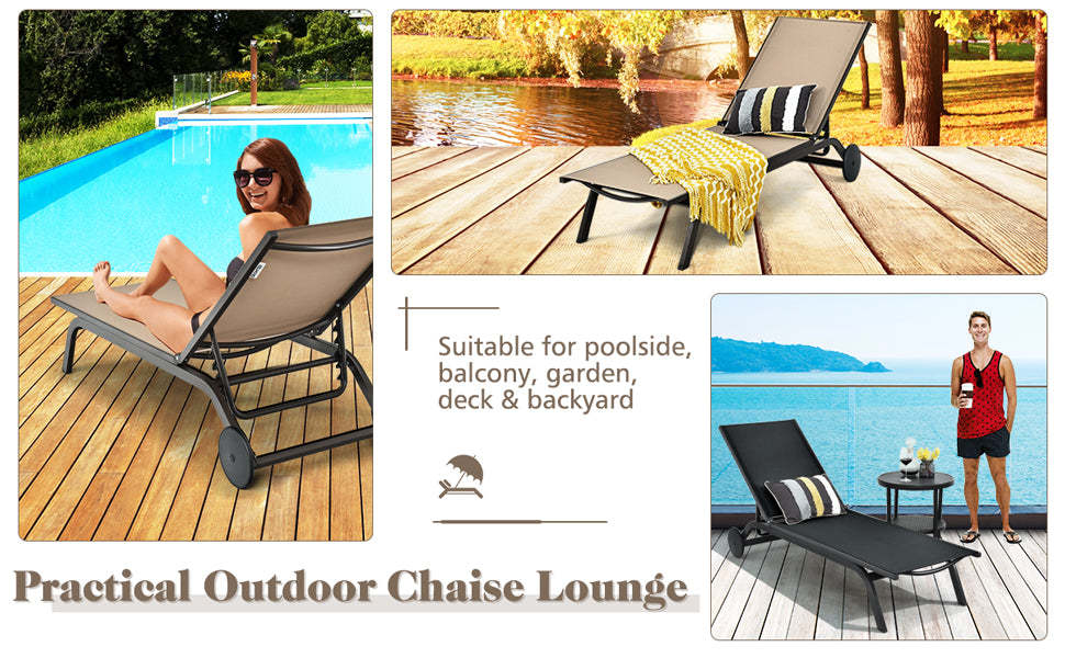 6-Position Adjustable Patio Chaise Lounge Chair Outdoor Beach Recliner with Wheels