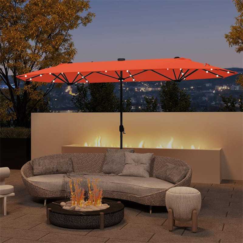 13FT Double-sided Patio Umbrella with Base, 36 Solar LED Lights & Crank Handle, Large Twin Table Umbrella for Poolside, Outdoor Dining