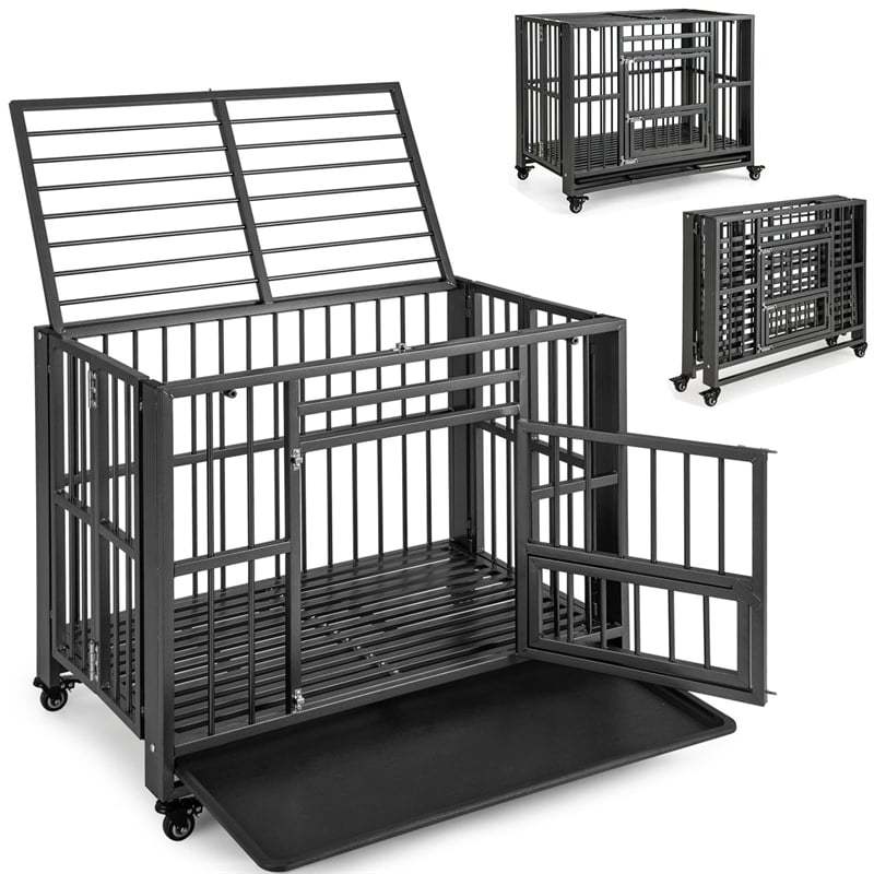 Folding Metal Dog Crate, 3-Door Heavy Duty Dog Kennel with Removable Crate Tray & 4 Lockable Wheels, Indestructible Dog Crate for Indoor/Outdoor Use