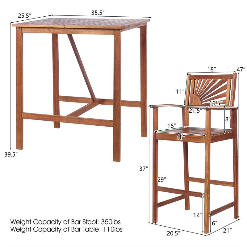 3-Piece Acacia Wood Bar Set, Outdoor Bar Height Bistro Set with 2 Stools, Space-Saving Patio Dining Set for Backyard, Balcony & Sunroom