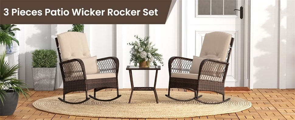 3-Piece Patio Rocker Set, Outdoor Wicker Rocking Chairs with 2-Layer Coffee Table, Cushions & Pillows, Rattan Bistro Set for Porch, Poolside