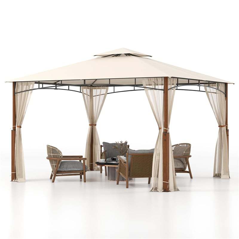12' x 10' Outdoor Patio Gazebo with Netting, 2-Tier Canopy Roof Gazebo Tent Metal Frame Sunshade Shelter for Patio Yard Garden Lawn Deck