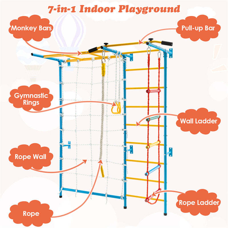7-in-1 Kids Indoor Jungle Gym, Steel Swedish Wall Ladder Set with Pull-Up Bar, Rope & Gymnastic Rings, Home Climber Ladder Playground for Boys Girls