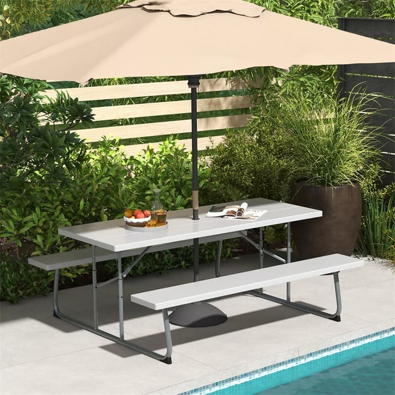 8-Person 6FT Folding Picnic Table & Bench Set, Heavy Duty All-Weather HDPE Outdoor Dining Table with Umbrella Hole & 2 Built-in Benches