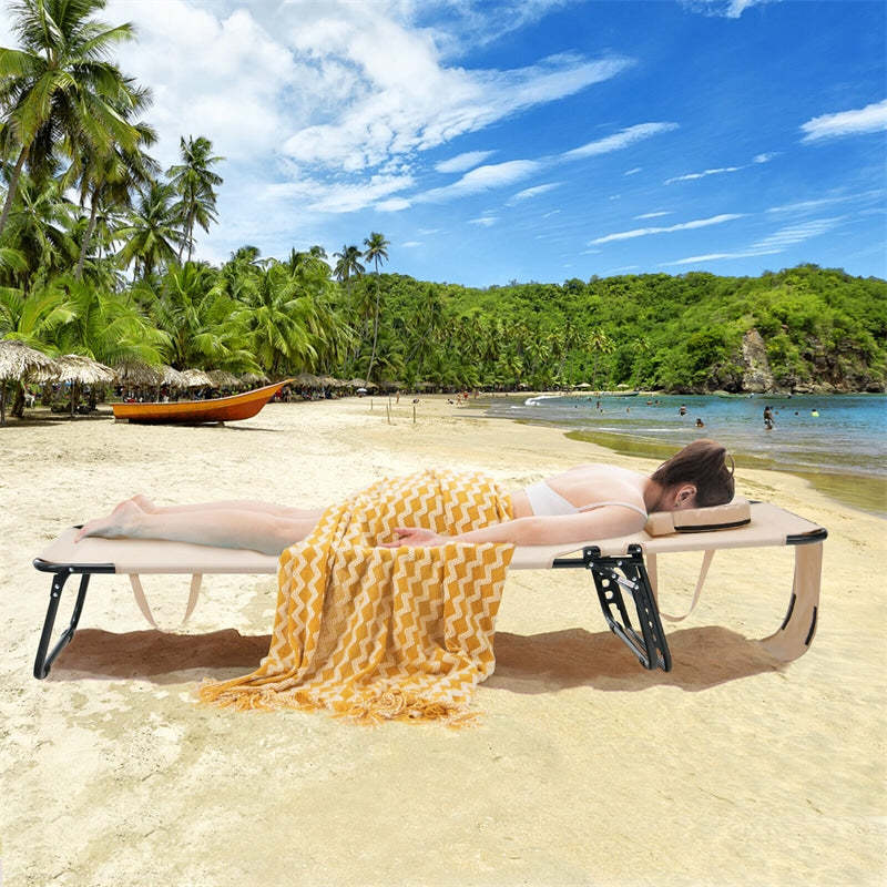 Folding Beach Chaise Lounge Chair, 5-Position Adjustable Sunbathing Recliner with Face Hole, Removable Pillows, Carry Strap, 350LB Support