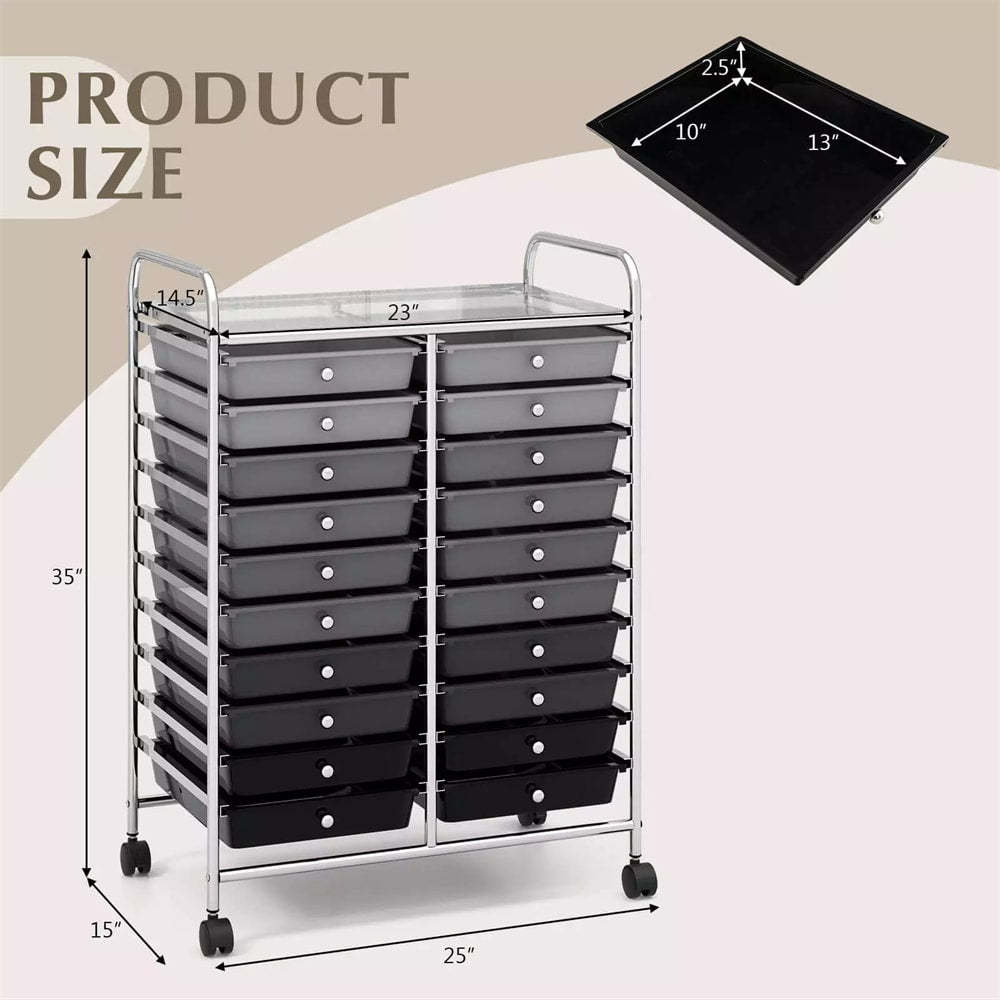Storage Drawer Cart, 20-Drawer Rolling Cart Organizer with Lockable Wheels, Mobile Utility Cart for Office School Art Craft Supplies