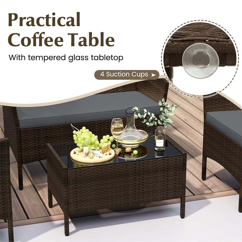 4PCS Patio Rattan Conversation Set Outdoor Garden Wicker Furniture Set with Loveseat Chair, Tempered Glass Coffee Table & Cushions