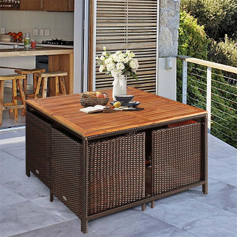 9-Piece Acacia Wood Rattan Patio Dining Set w/Cushioned Chairs, Ottomans & Umbrella Hole, Space Saving Outdoor Furniture for Backyard Garden