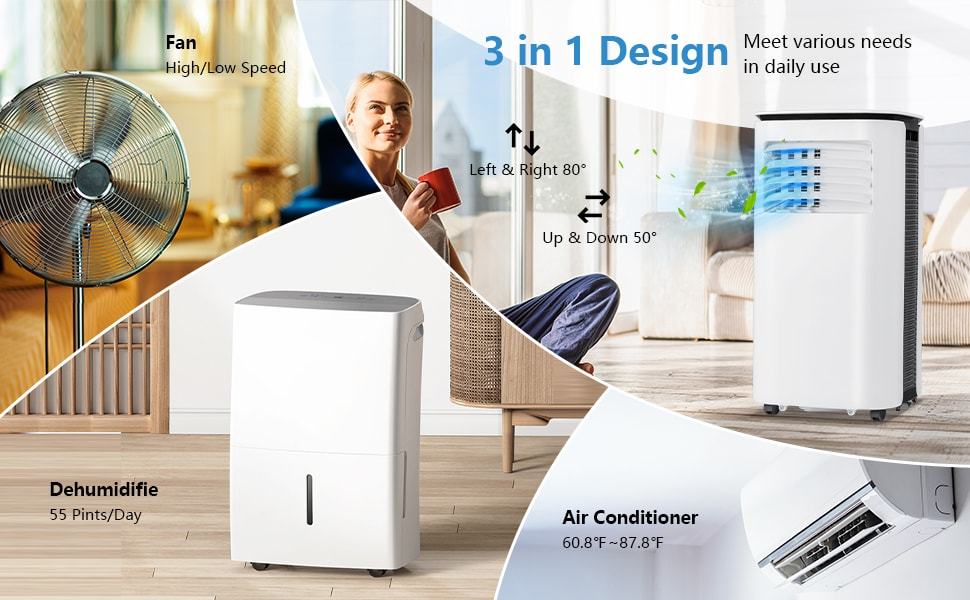 9000 BTU 3-in-1 Portable Air Conditioner with Dehumidifier and Fan