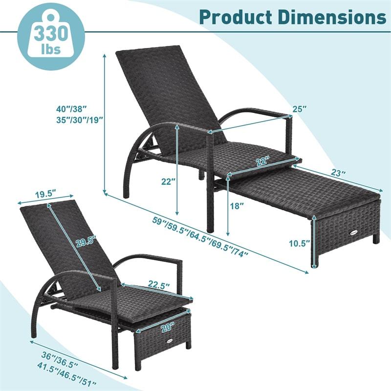 Patio Chaise Lounge, Outdoor Padded Rattan Lounge Chair with Retractable Footrest, 5-Level Adjustable Backrest, Metal Frame Wicker Recliner for Yard