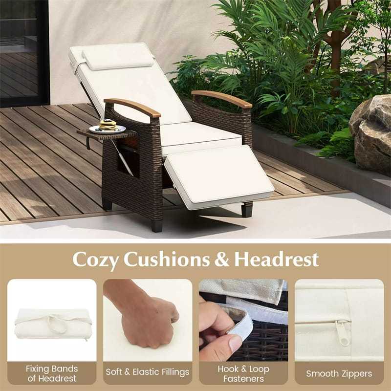 Outdoor Wicker Recliner Chair with Adjustable Backrest, Footrest, Flip Side Table & Cushion, Patio Rattan Chaise Lounge for Backyard Porch