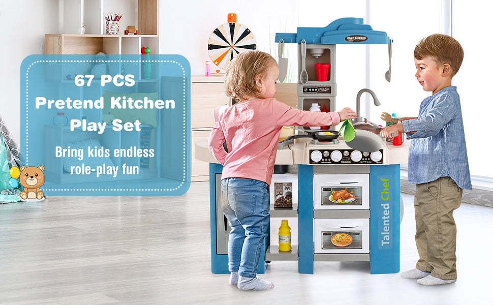Kids Toy Kitchen Set Toddler Plastic Pretend Play Kitchen Set with 67pcs Kitchen Toys & Realistic Lights Sounds