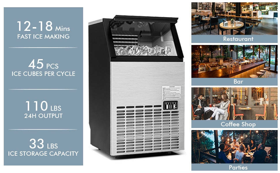 Commercial Ice Maker 110LBS/24H Freestanding Built-in Stainless Steel Portable Ice Maker Machine with Ice Scoop & Drain Inlet Hoses