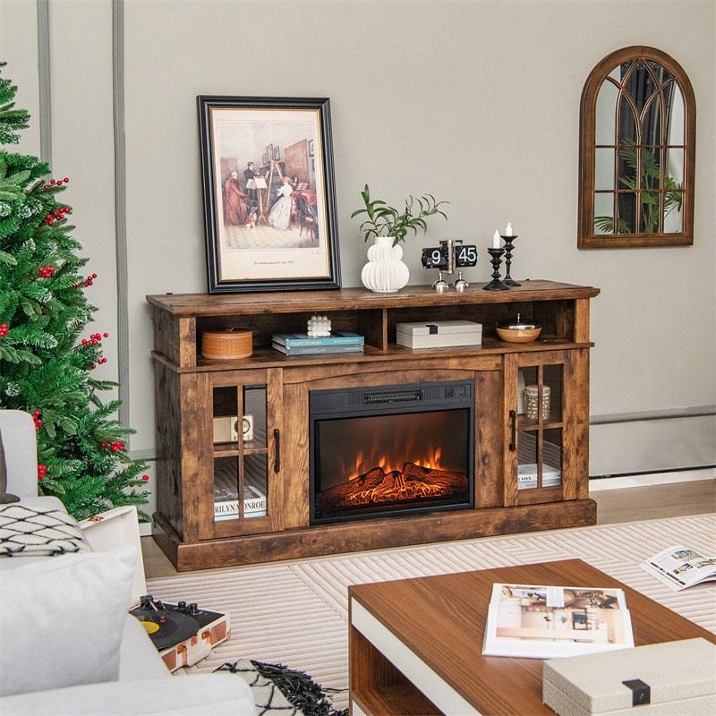 Electric Fireplace TV Stand for TVs Up to 65", 1400W Heater Insert with Remote Control, 3-Level Flame, Overheat Protection, Adjustable Shelves