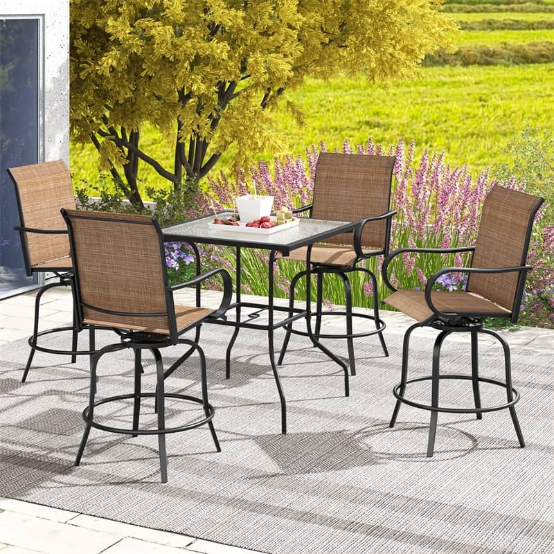 Outdoor Swivel Bar Stools Set of 2, All-Weather Steel Frame Bar Height Patio Chairs with Curved Armrests, High Back & Cozy Footrest