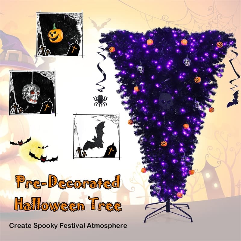 Upside Down Christmas Tree Pre-Lit Black Halloween Tree with 270 Purple LED lights, Artificial Hinged Inverted Xmas Tree for Holiday Carnival Party Decor