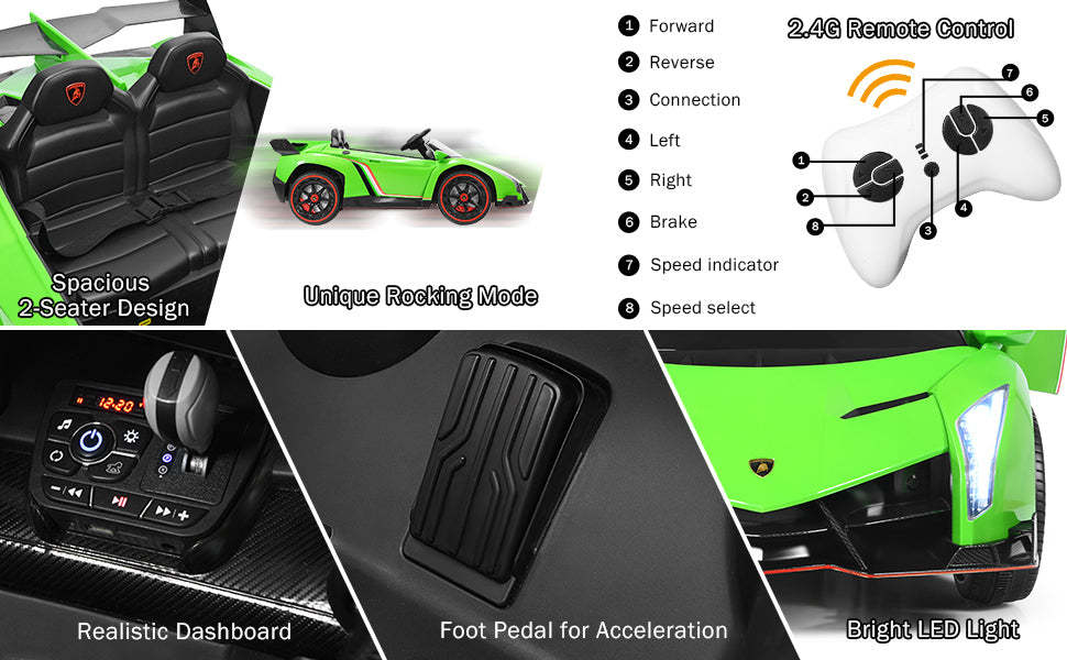 12V 2-Seater Kids Ride On Car Lamborghini Poison Electric Vehicle with Remote Control & LED Lights Swing Mode