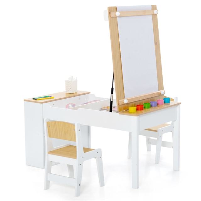3-in-1 Kids Table & Chair Set, Wood Art Table & Easel with 2 Chairs, 6 Storage Bins, Paper Roller & Paint Cups, Toddler Crafts Table Chair Set