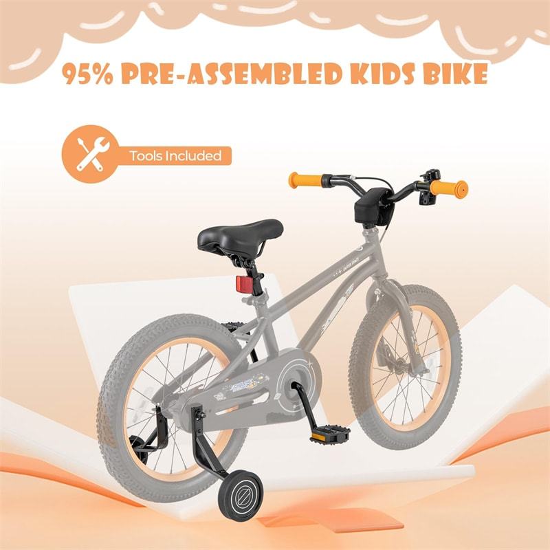 16-Inch Kids Bike, Sports Bicycle for 4-7 Years Old with Height Adjustable Seat, Fully Enclosed Chain Guard & Removable Training Wheels