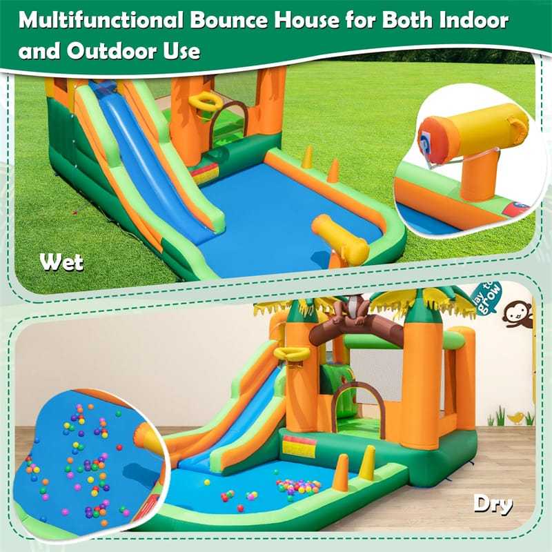 Inflatable Water Slide 7-in-1 Jungle Monkey Theme Bounce House Water Park with Long Slide, Splash Pool & Climbing Wall for Kids Backyard Party Gifts