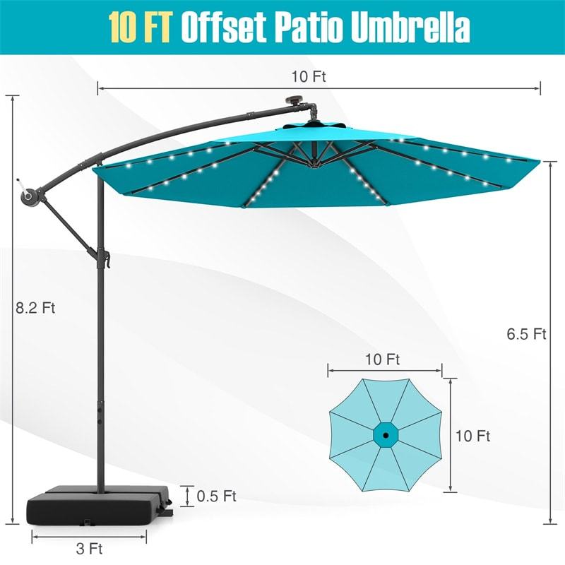 10FT Solar Offset Patio Umbrella, Hanging Cantilever Umbrella with 32 LED Lights, Adjustable Tilt, Sand Bag Base for Garden, Poolside, Yard