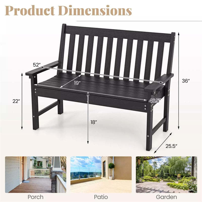 2-Person HDPE Outdoor Garden Bench, 52" All-Weather Patio Bench with Slatted Backrest & Armrests, 705lbs Capacity for Park, Backyard, Porch
