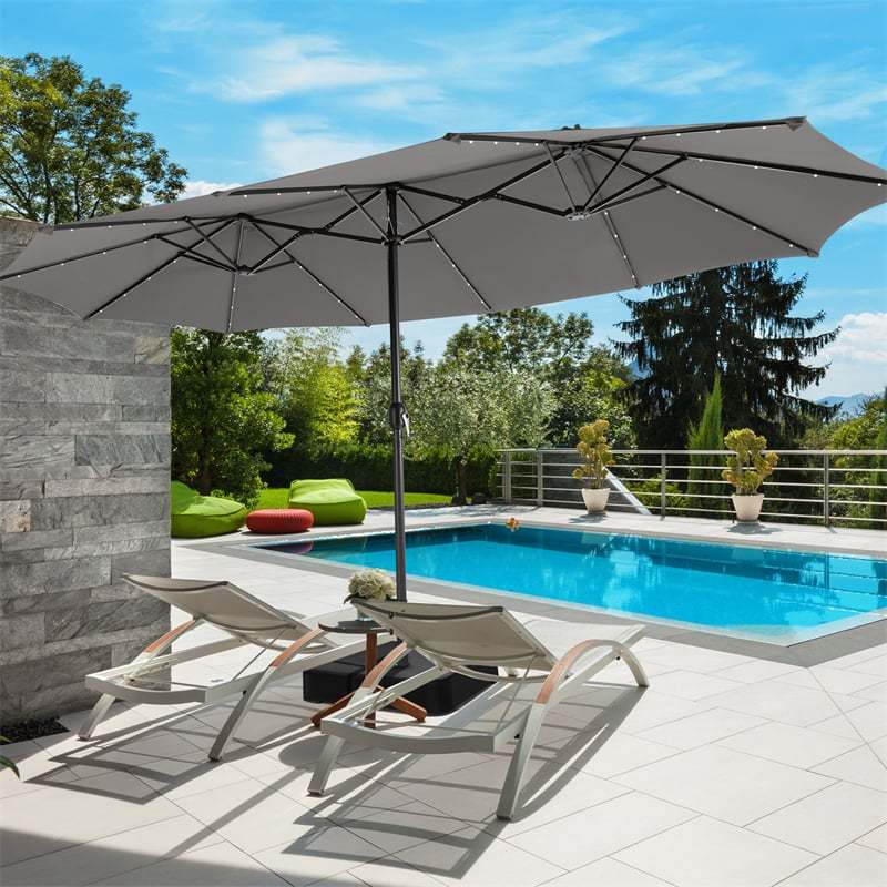 15FT Double-Sided Patio Umbrella with Base, 48 Solar LED Lights & Crank Handle, Extra Large Double Outdoor Umbrella for Poolside, Backyard