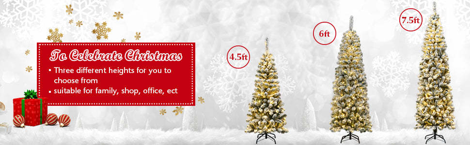 7.5ft Pre-lit Snow Flocked Artificial Pencil Christmas Tree with 350 LED Lights and Metal Stand