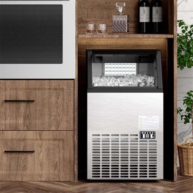 110LBS/24H Stainless Steel Commercial Ice Maker, Freestanding & Built-In Self-Cleaning Ice Machine with Scoop & Drain Hoses for Restaurant, Bar, Home