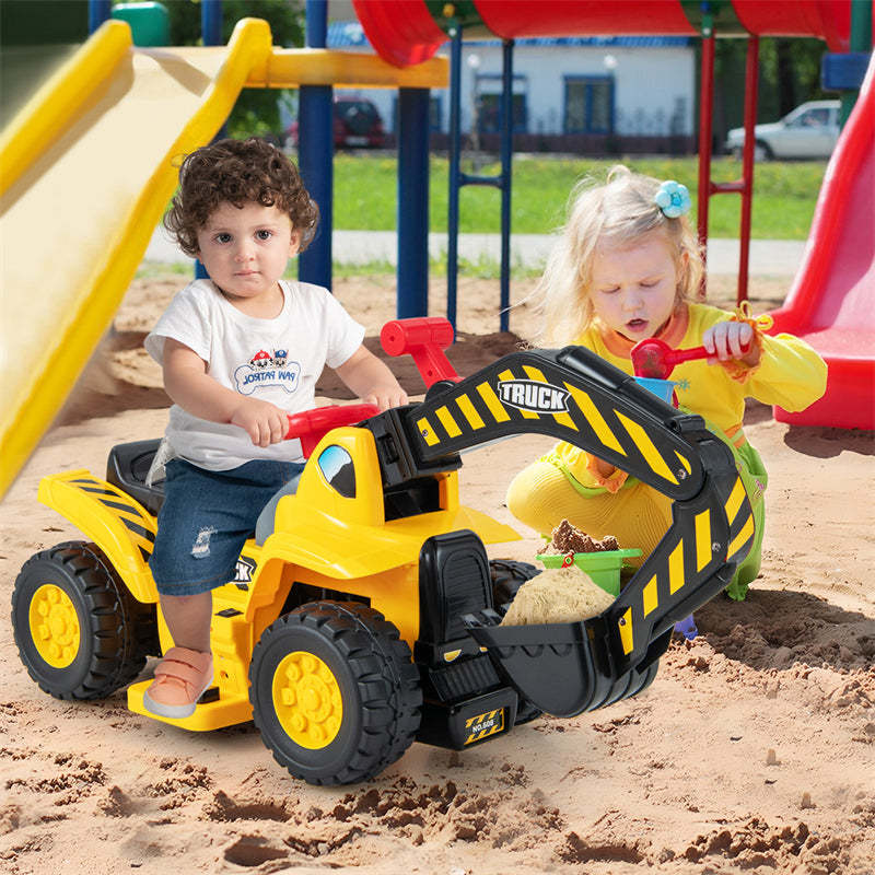 6V Battery Kids Ride On Excavator Toddler Bulldozer Digger Construction Vehicle with Folding Basketball Hoop & Underneath Storage