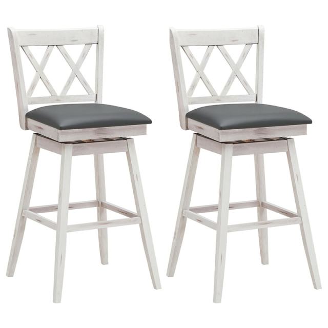 Swivel Bar Stools Set of 2, Rubber Wood 29.5" Counter Height Dining Chairs with Upholstered Cushions, Ergonomic Backrests & Footrests