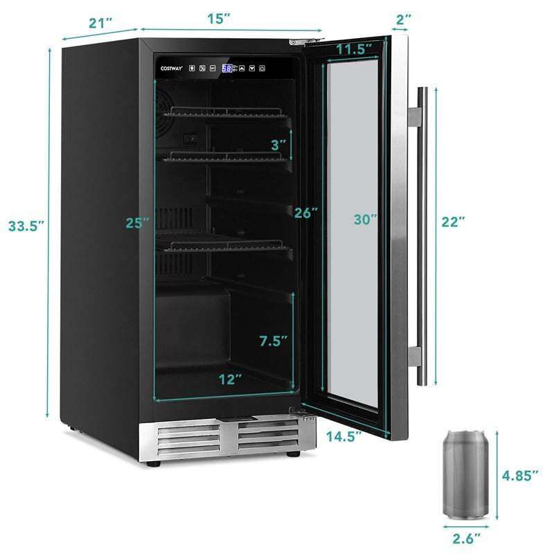 15" Beverage Refrigerator, 100 Can Built-in/Freestanding Drink Fridge with Glass Door & Adjustable Shelves for Soda Beer Wine, Home Office