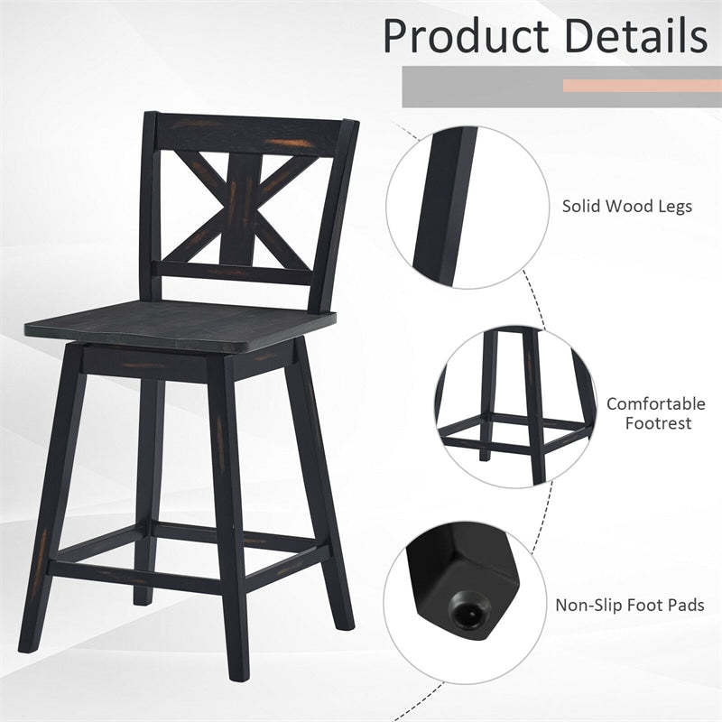 24" Rubber Wood Bar Stools Set of 2, 360° Swivel Counter Height Bar Chairs with Back & Non-Slip Foot Pads for Kitchen Island, Dining Room, Restaurant