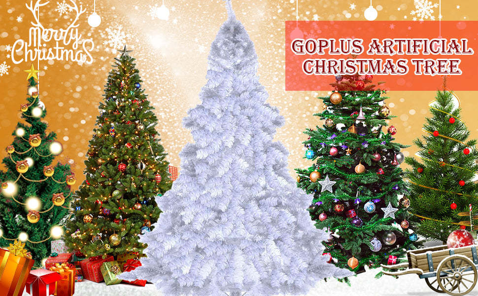 7FT White PVC Hinged Pine Snow-flocked Artificial Christmas Tree with Metal Stand