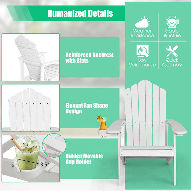 Outdoor HIPS Adirondack Chair, Weather Resistant Wood Fire Pit Chair with Hidden Cup Holder & 380 LBS Capacity for Patio, Backyard, Garden